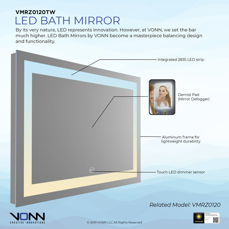 VONN VMRZ0120 LED Bath Mirror in Silver, Rectangle 30"W x 24"H or 36"W x 30"H
