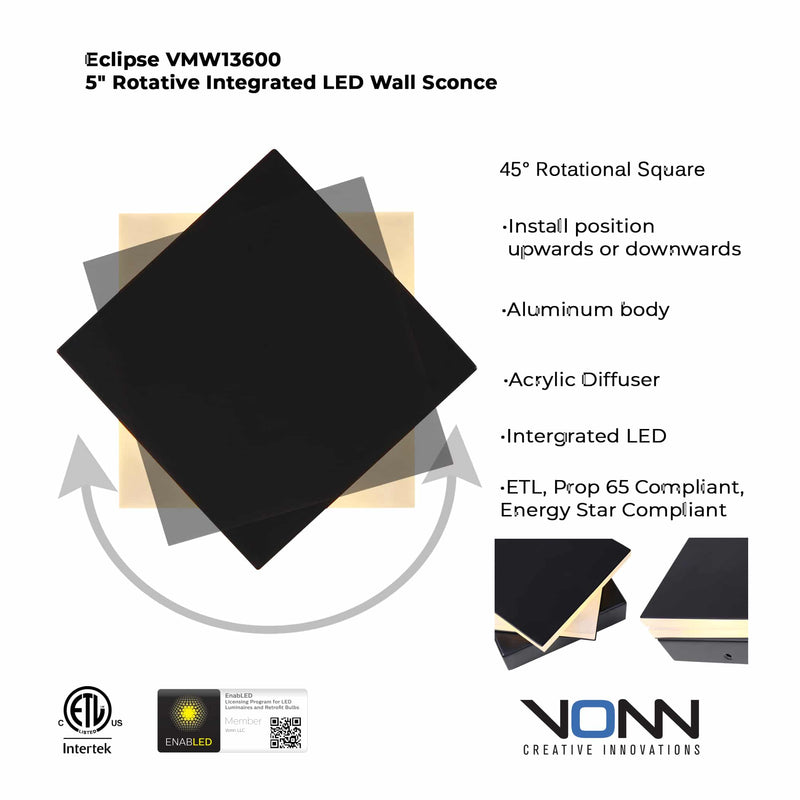 VONN Eclipse VMW13600BL 5" Rotative ETL Certified Integrated LED Wall Sconce Lighting Fixture in Black