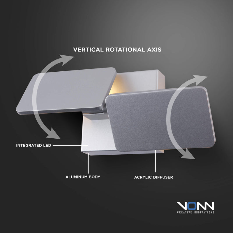 VONN Eclipse VMW17200AL 12" Rotative Up-Down ETL Certified Integrated LED Wall Sconce Light in Silver
