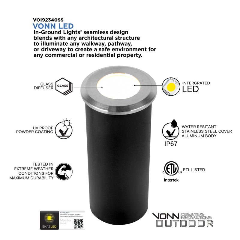 VONN 1.5" Modern VOI92340SS Low-Voltage 1-Watt ETL Certified Integrated LED Outdoor In-Ground Light