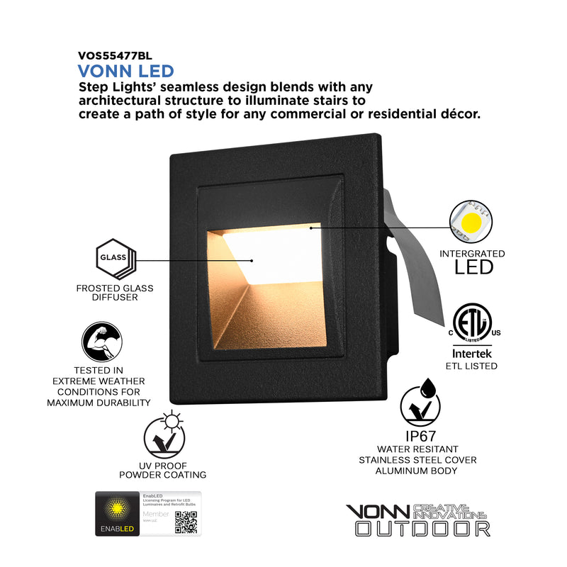 3.5" VOS55477BL Low-Voltage 2-Watt ETL Certified Integrated LED Outdoor Steps Light in Matte Black