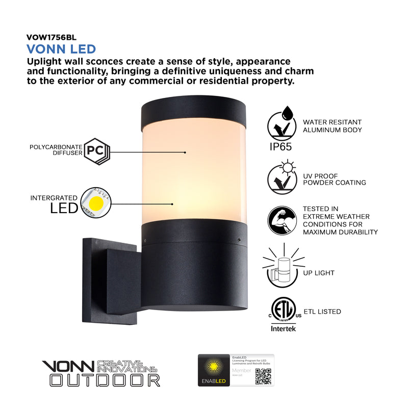 VONN 11" Modern VOW1756BL 5-Watt ETL Certified Integrated LED Outdoor Wall Sconce in Matte Black